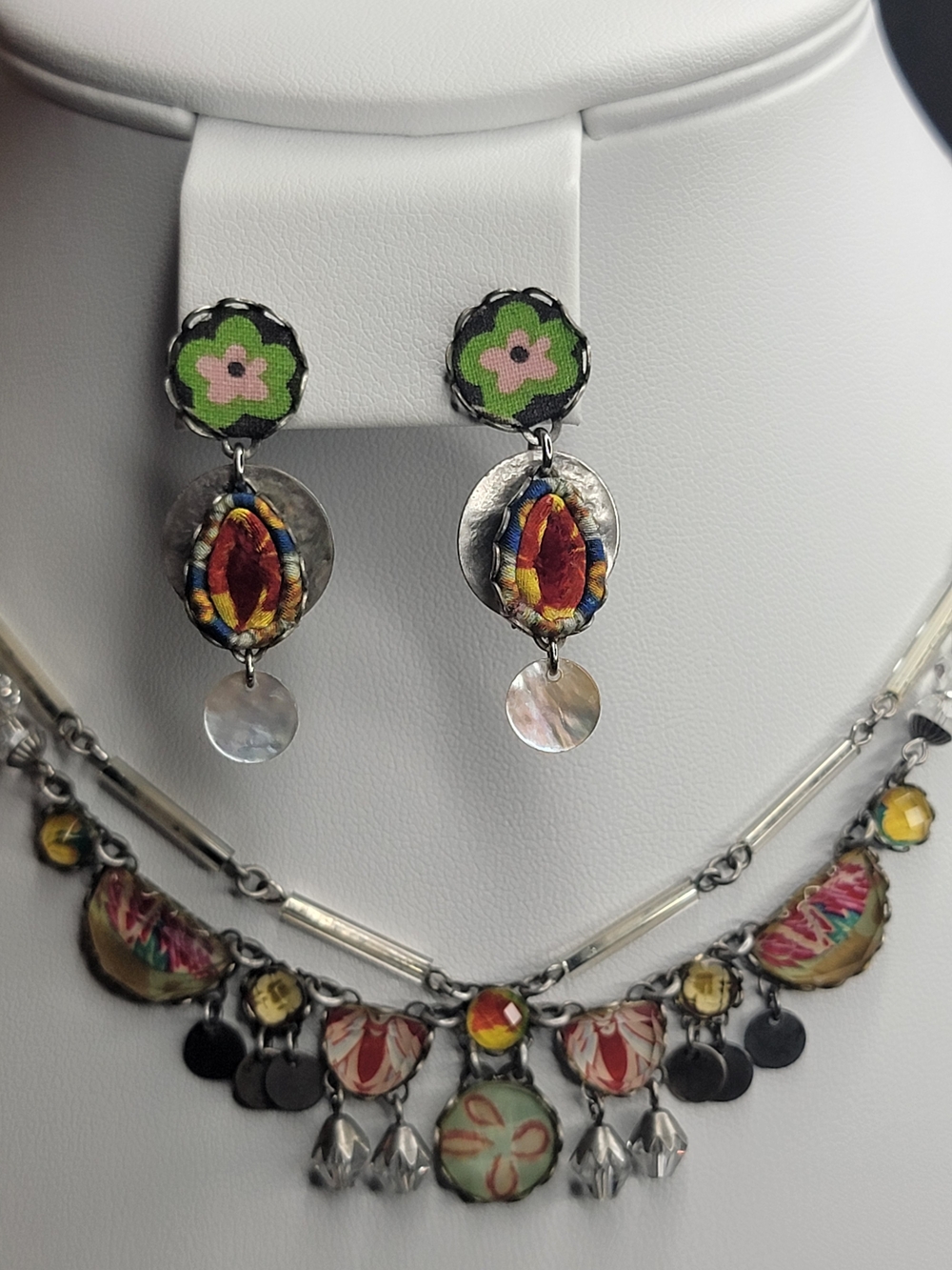 Colorful Green & Orange Textile Drop Necklace - Women Jewelry